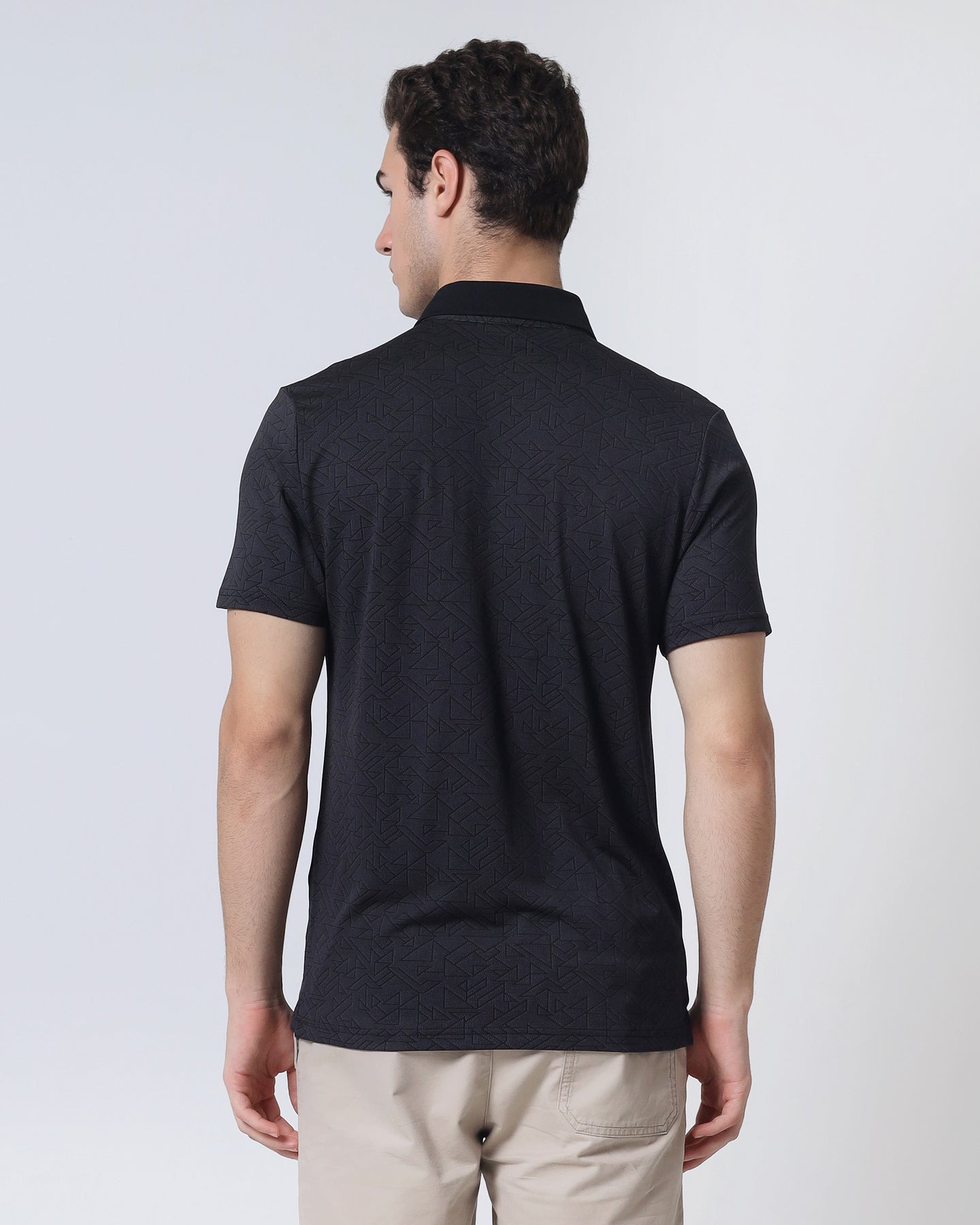 Quieti Performance Regular Fit, Black Geo Jacquard Knit, 3 button Short Sleeve Polo
